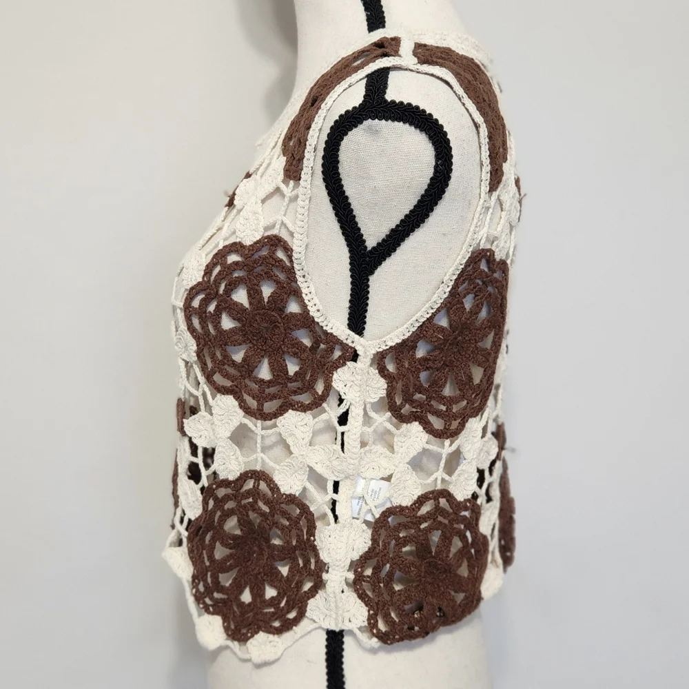 Crochet Sweater Vest Tank Cream Brown Cropped Y2K Boho-chic Grandma Hippie S - Picture 3 of 11